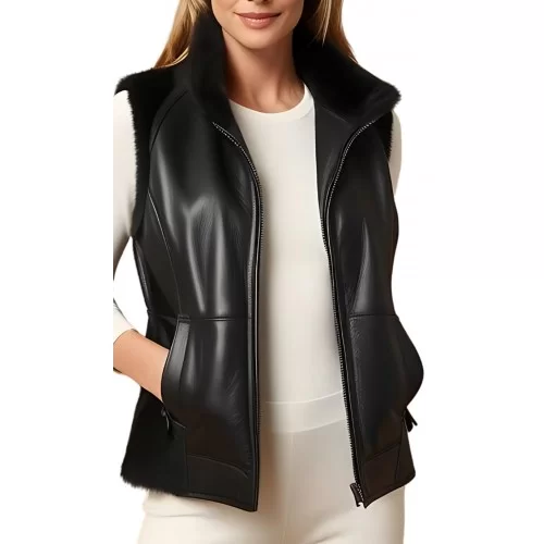 Gilet en cuir femme en agneau noir col et tour de bras mouton retourné modèle Yvanale