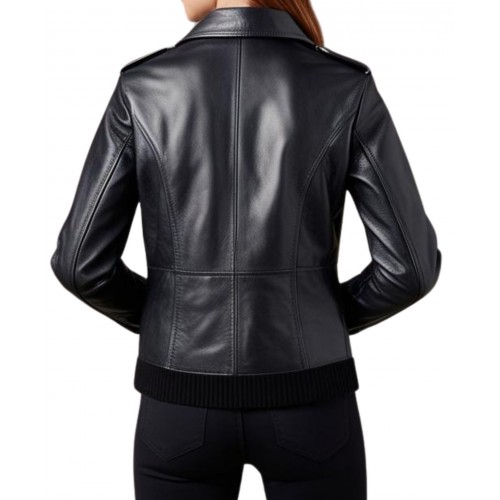 Blouson type Perfecto avec poches et zip bords cotes bouts de manches et bas en cuir femme agneau noir modèle Natina