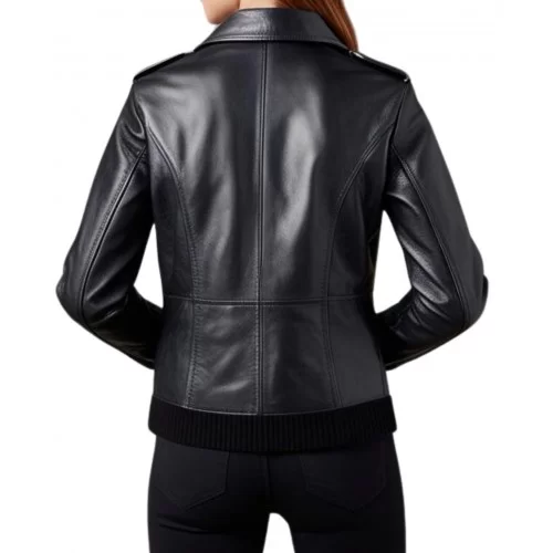 Blouson type Perfecto avec poches et zip bords cotes bouts de manches et bas en cuir femme agneau noir modèle Natina