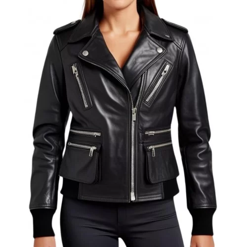 Blouson type Perfecto avec poches et zip bords cotes bouts de manches et bas en cuir femme agneau noir modèle Natina