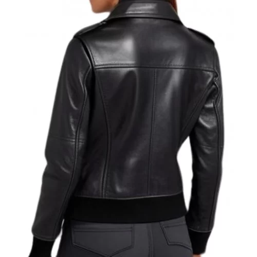 Blouson type Perfecto avec poches et zip bords cotes bouts de manches et bas en cuir femme agneau noir modèle Natina