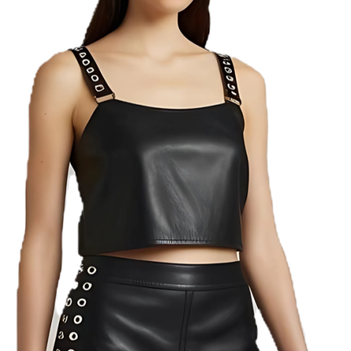 Tee shirt cuir avec bretelles ornées de rivets metal agneau noir modèle Libra