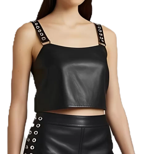 Tee shirt cuir avec bretelles ornées de rivets metal agneau noir modèle Libra