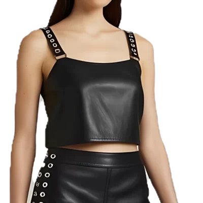 Tee shirt cuir avec bretelles ornées de rivets metal agneau noir modèle Libra