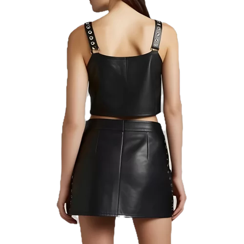 Tee shirt cuir avec bretelles ornées de rivets metal agneau noir modèle Libra