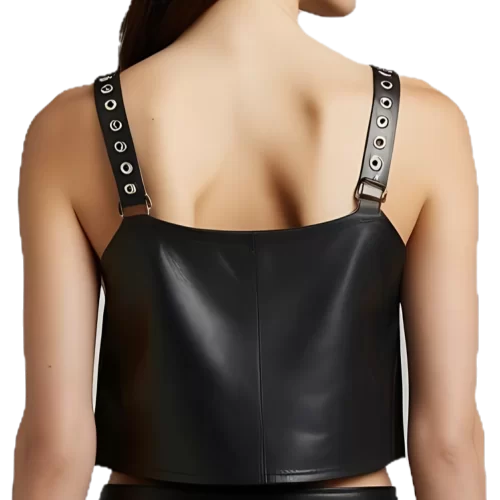 Tee shirt cuir avec bretelles ornées de rivets metal agneau noir modèle Libra