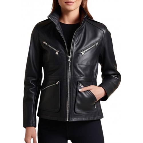 Veste cuir femme avec zip en agneau noir modèle Trinita