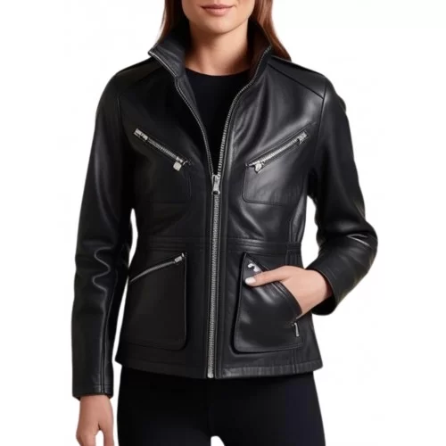 Veste cuir femme avec zip en agneau noir modèle Trinita
