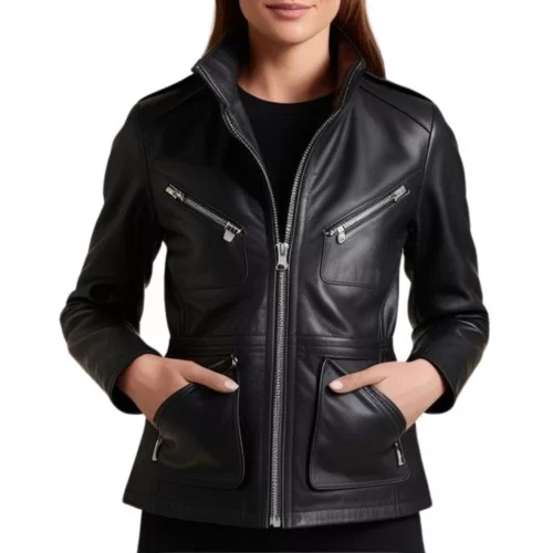 Veste cuir femme avec zip en agneau noir modèle Trinita