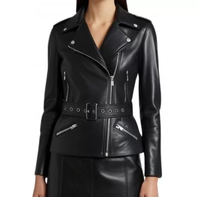 Veste type perfecto en cuir d'agneau noir modèle Zibon