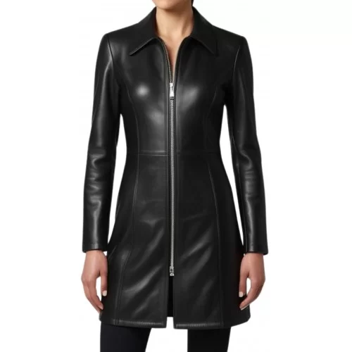 Veste redingote fermeture par zip en cuir d'agneau noir modèle Zelda