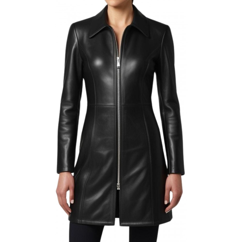 Veste redingote fermeture par zip en cuir d'agneau noir modèle Zelda