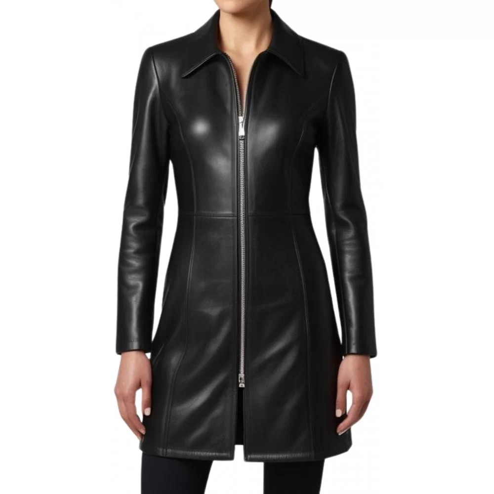 Veste redingote fermeture par zip en cuir d'agneau noir modèle Zelda