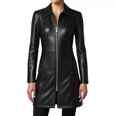 Veste redingote fermeture par zip en cuir d'agneau noir modèle Zelda