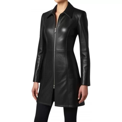 Veste redingote fermeture par zip en cuir d'agneau noir modèle Zelda