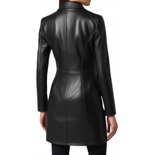 Veste redingote fermeture par zip en cuir d'agneau noir modèle Zelda