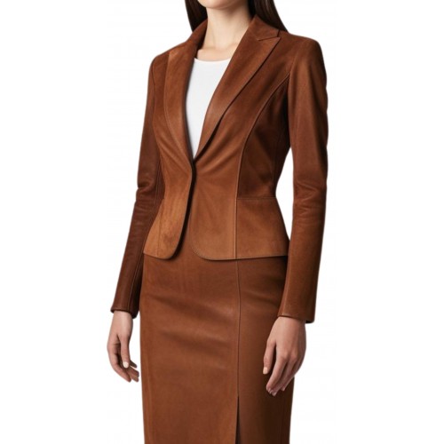 Veste blazer femme courte en agneau velours marron modèle Traicie