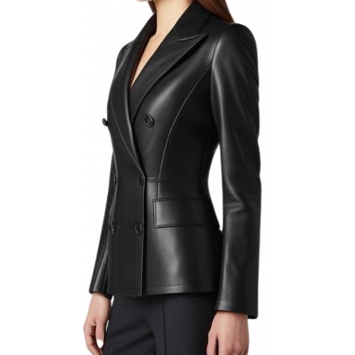 Veste blazer coupe croisèe en cuir femme en agneau noir modèle Pony