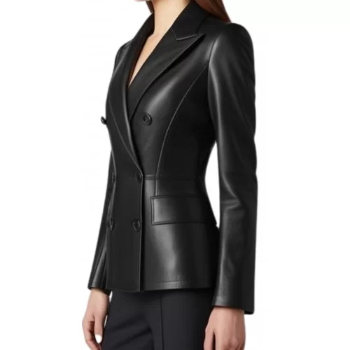 Veste blazer coupe croisèe en cuir femme en agneau noir modèle Pony