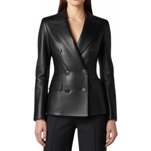 Veste blazer coupe croisèe en cuir femme en agneau noir modèle Pony