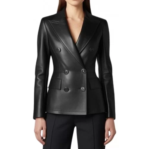 Veste blazer coupe croisèe en cuir femme en agneau noir modèle Pony