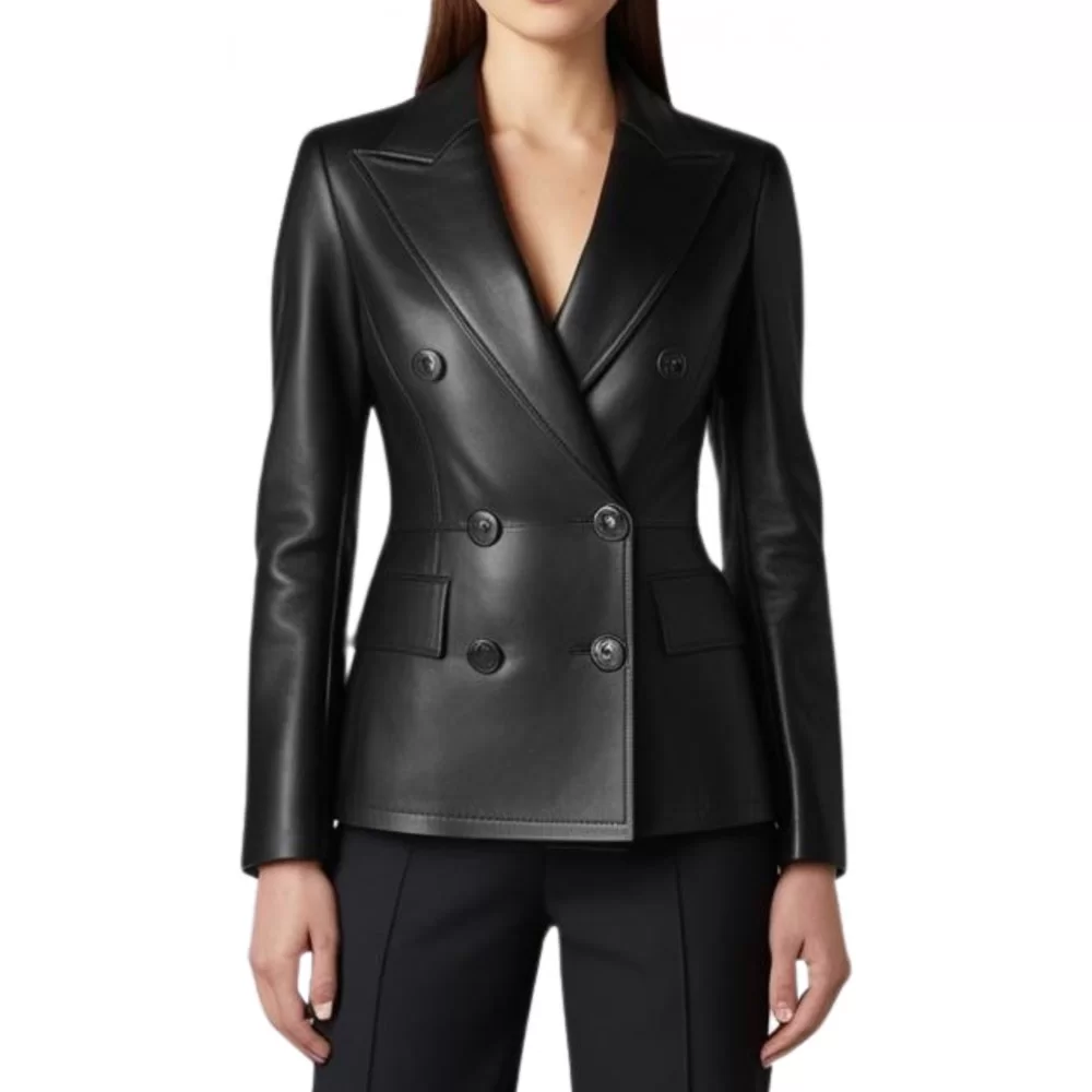Veste blazer coupe croisèe en cuir femme en agneau noir modèle Pony
