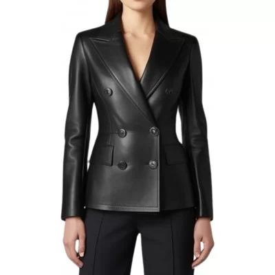 Veste blazer coupe croisèe en cuir femme en agneau noir modèle Pony
