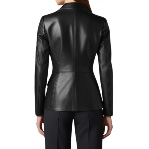Veste blazer coupe croisèe en cuir femme en agneau noir modèle Pony