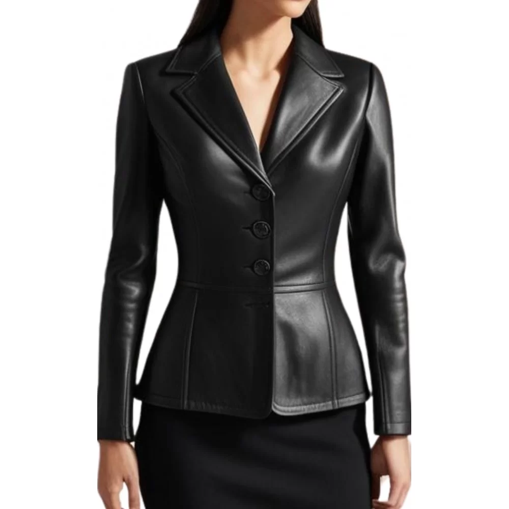 Blazer Veste cuir femme fermeture par boutons en agneau noir modèle Liorion