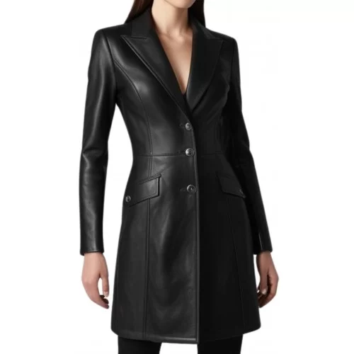 Veste redingote en cuir femme fermeture par boutons en agneau noir modèle Samyla