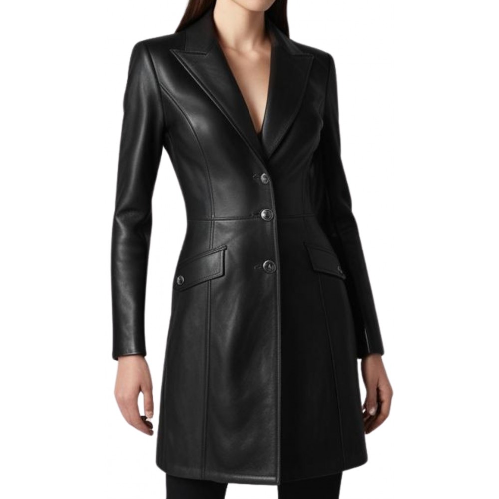 Veste redingote en cuir femme fermeture par boutons en agneau noir modèle Samyla
