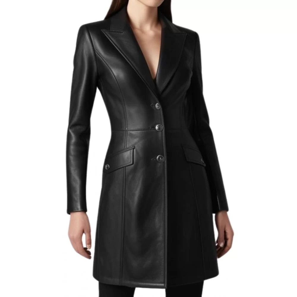 Veste redingote en cuir femme fermeture par boutons en agneau noir modèle Samyla