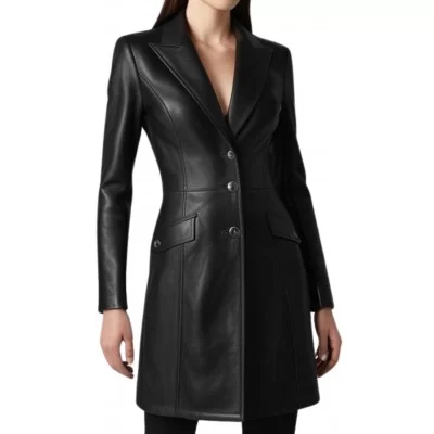 Veste redingote en cuir femme fermeture par boutons en agneau noir modèle Samyla