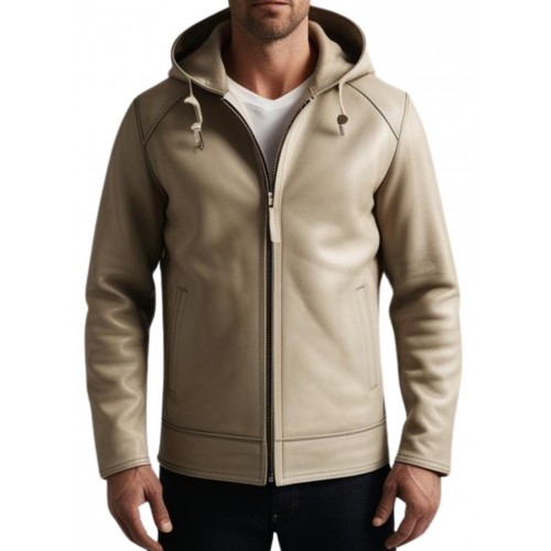 Blouson à capuche en cuir d'agneau couleur marron clair modèle Karlyn