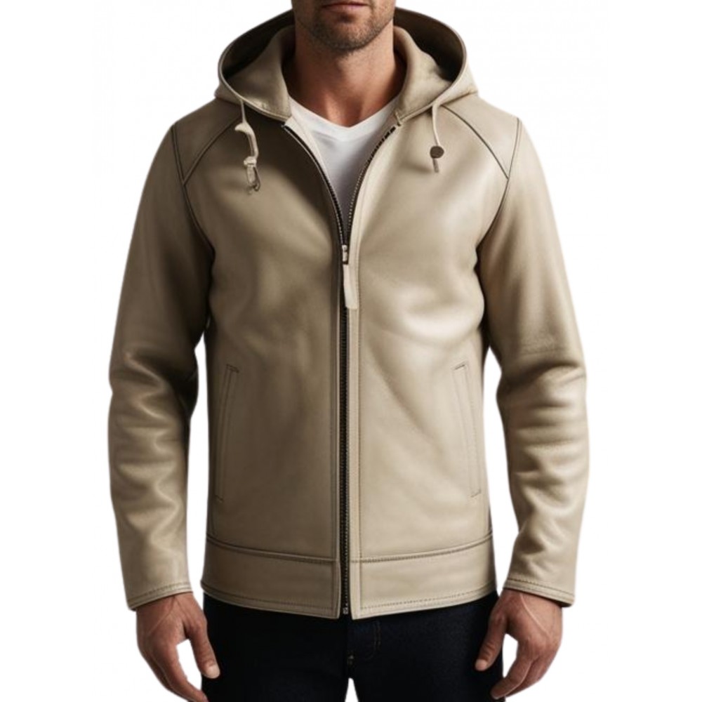 Blouson à capuche en cuir d'agneau couleur marron clair modèle Karlyn