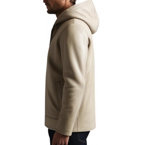 Blouson à capuche en cuir d'agneau couleur marron clair modèle Karlyn