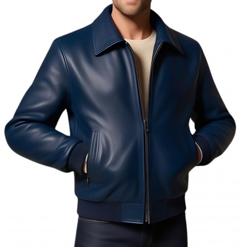 Blouson homme classique en cuir d'agneau bleu modèle Carlos