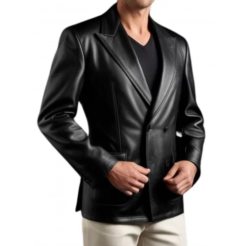 Blazer court croisè cuir d'agneau noir modèle Tao