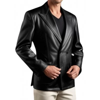 Blazer court croisè cuir d'agneau noir modèle Tao