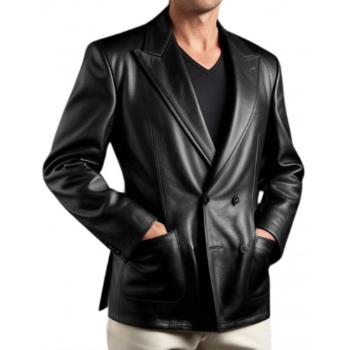 Blazer court croisè cuir d'agneau noir modèle Tao