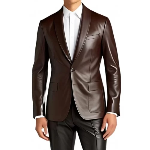 Veste blazer col chale en cuir d'agneau marron modèle lukas