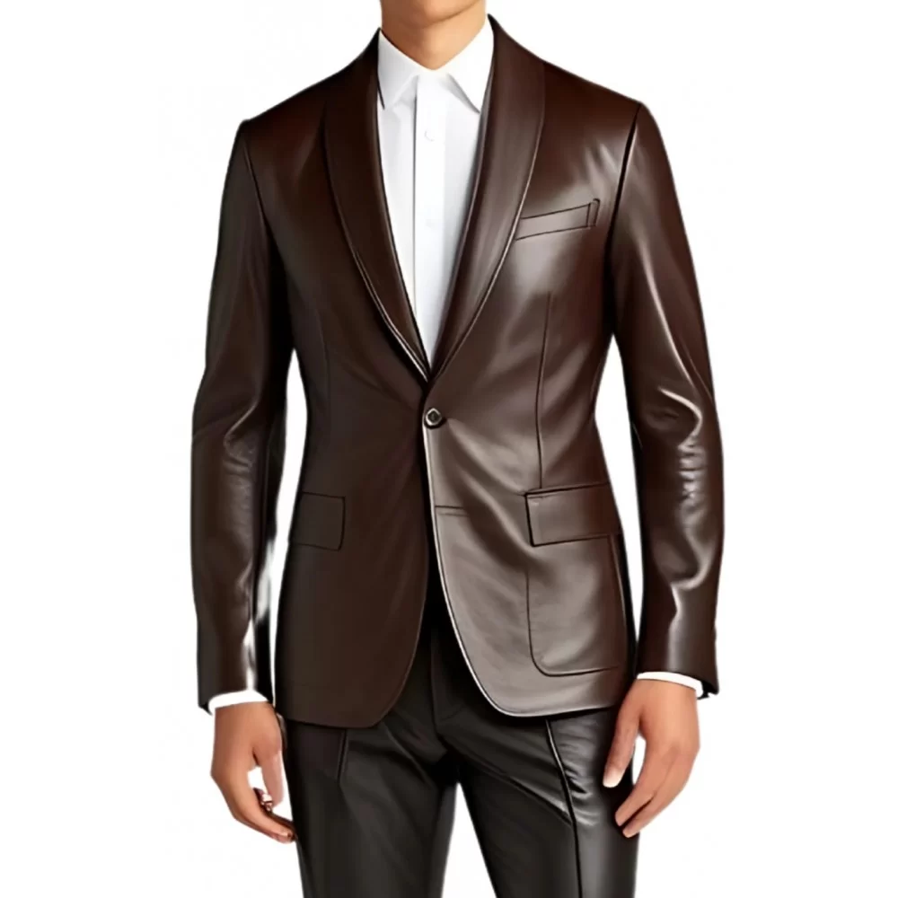 Veste blazer col chale en cuir d'agneau marron modèle lukas