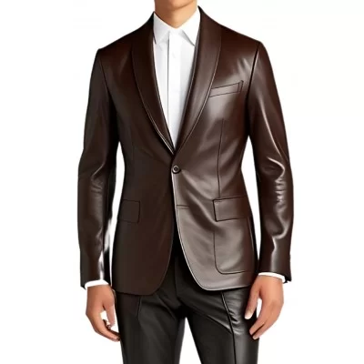 Veste blazer col chale en cuir d'agneau marron modèle lukas