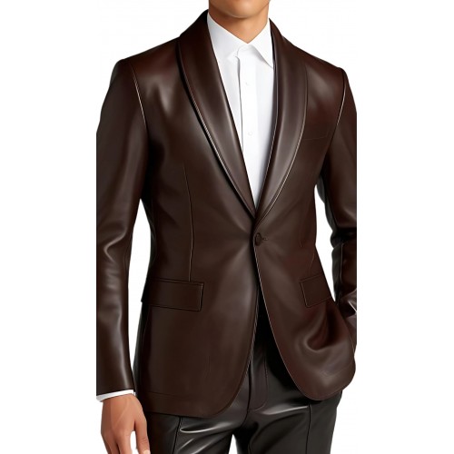 Veste blazer col chale en cuir d'agneau marron modèle lukas