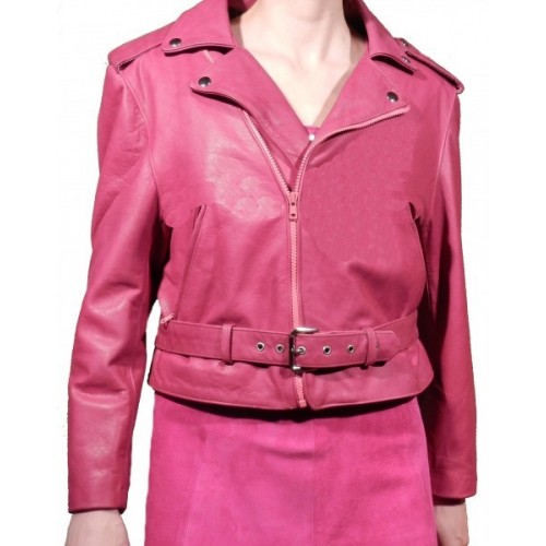 Blouson cuir femme perfecto court vachette sauvage couleur rose modèle Leonara