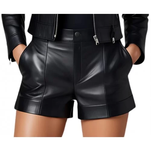 Short cuir poches sur côtés coupe fashion en agneau noir modèle Nana