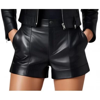 Short cuir poches sur côtés coupe fashion en agneau noir modèle Nana