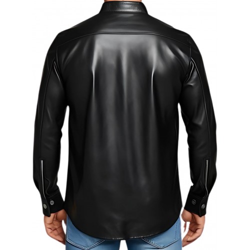 Chemise col officier en cuir d'agneau noir fermée par zip modèle Philippe