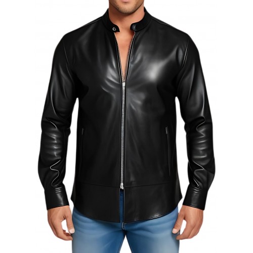 Chemise col officier en cuir d'agneau noir fermée par zip modèle Philippe