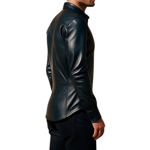 Chemise cintré en cuir d'agneau noir fermée par boutons modèle Barnaba